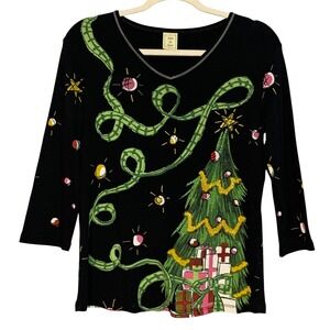 Jess & Jane Christmas Joy Black Tree Gifts V-Neck 3/4‎ Sleeve Top Women Small